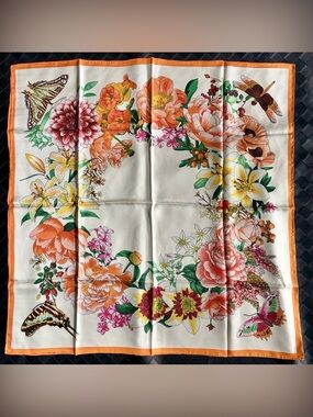 Floral Silk scarf - Orange & Cream with flowers butterfly design